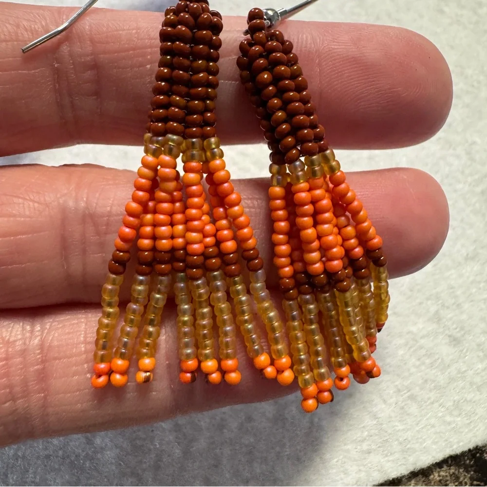 Brown Topaz Coral Orange Tassel Earrings‎ Seed Bead Jewelry Handmade 2.5”